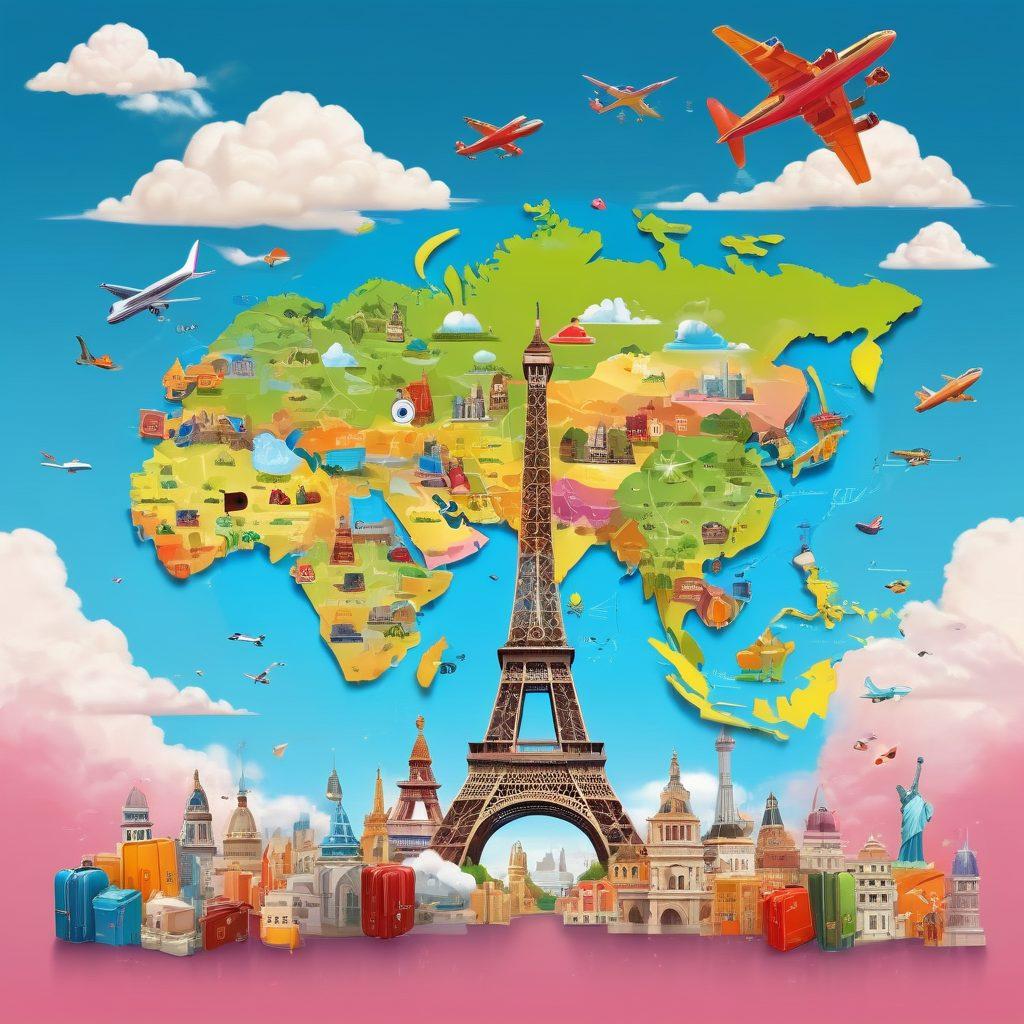 A vibrant world map filled with colorful icons representing budget-friendly flight deals, with a joyful traveler holding a suitcase and a smartphone displaying a flight app. Show famous landmarks popping up in the background, such as the Eiffel Tower and the Great Wall of China, with a bright sky and fluffy clouds above. Incorporate a sense of adventure and excitement. Illustrative style with bright colors and playful elements.