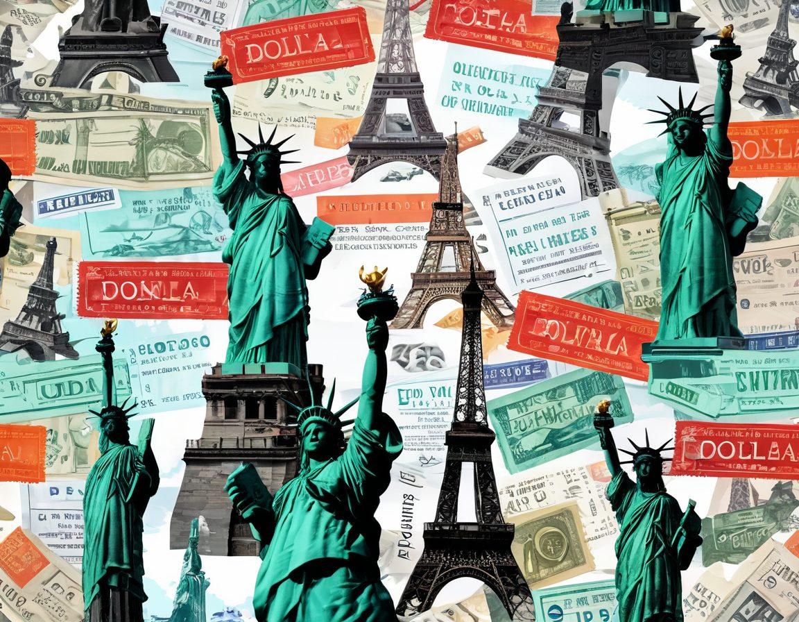 A collage showcasing various travel destinations with affordable flight tickets; include famous landmarks like the Eiffel Tower, Great Wall of China, and the Statue of Liberty, overlaid with subtle dollar signs and airplane icons. Use vibrant colors to evoke a sense of adventure and budget-friendly travel options. super-realistic. vibrant colors. white background.